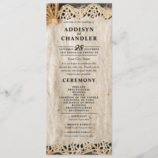 Rustieke Charm Wedding Burlap & Lace Schuur Hout Programmakaart (Voorkant)