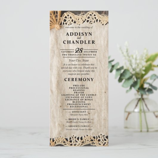 Rustieke Charm Wedding Burlap & Lace Schuur Hout Programmakaart (Staand voorkant)