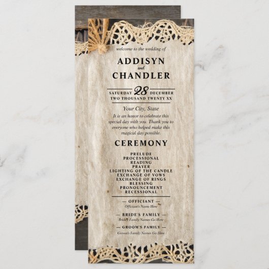 Rustieke Charm Wedding Burlap & Lace Schuur Hout Programmakaart (Voorkant / Achterkant)