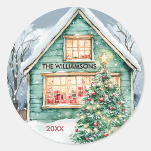 Rustieke Charmante Kerstboom Sneeuw Ronde Sticker