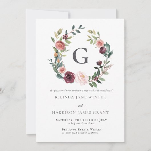 Rustieke charme Bourgondië roze bloemenkrans bruil Kaart (Voorkant)