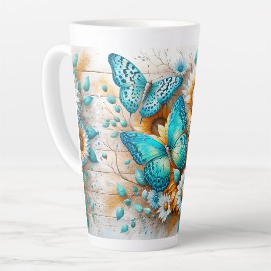 Rustieke charme: Butterfly en Daisy Latte Mok (Linkerhoek)