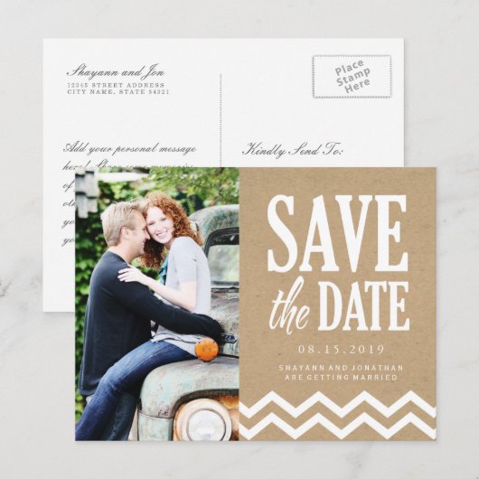 Rustieke Chevron en Kraft papier Bewaar de datum Aankondigingskaart (Voorkant / Achterkant)