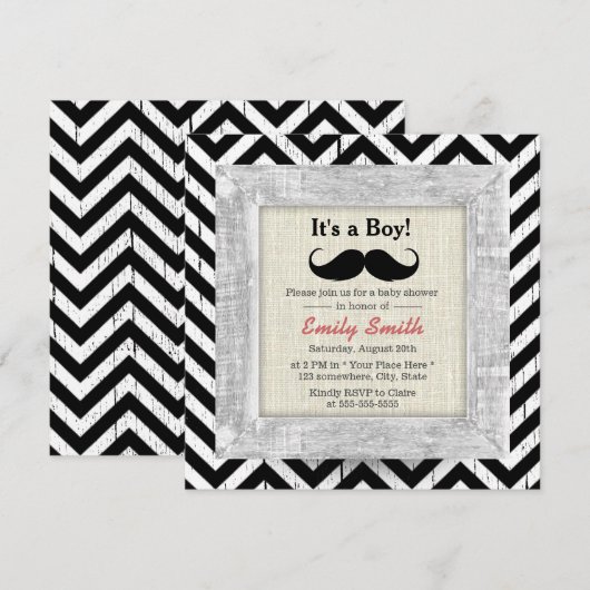 Rustieke Chevron Stripes Mustache Boy Baby shower Kaart (Voorkant / Achterkant)