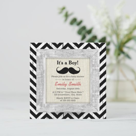 Rustieke Chevron Stripes Mustache Boy Baby shower Kaart (Staand voorkant)