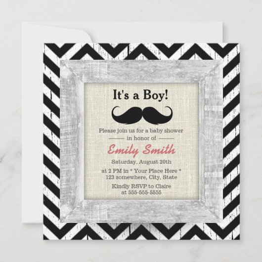 Rustieke Chevron Stripes Mustache Boy Baby shower Kaart (Voorkant)