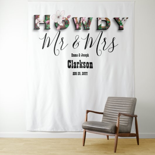 Rustieke Chic Bloemrijke Howdy Mr en Mrs Foto Acht Wandkleed (In situ)