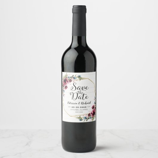 Rustieke chic bordeaux bloem bruiloft save the dat wijn etiket (Voorkant)