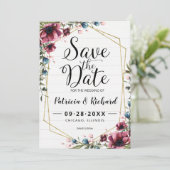 Rustieke chic bordeaux bloemrijke trouwkaart Save  (Staand voorkant)