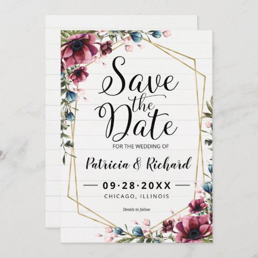 Rustieke chic bordeaux bloemrijke trouwkaart Save  (Voorkant / Achterkant)