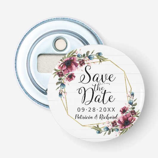 Rustieke chic bordeauxrode bloem bruiloft save the button flesopener (Voorkant)