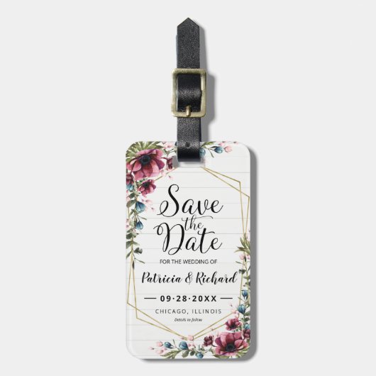 Rustieke Chic Bourgogne Bloem Save The Date Bagagelabel (Voorkant verticaal)
