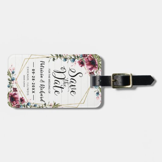 Rustieke Chic Bourgogne Floral Save the Date Bagagelabel (Voorkant horizontaal)
