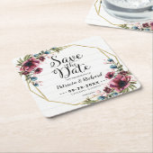 Rustieke Chic Bourgogne Floral Save the Date Kartonnen Onderzetters (Schuin)