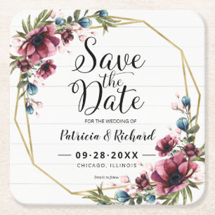 Rustieke Chic Bourgogne Floral Save the Date Kartonnen Onderzetters