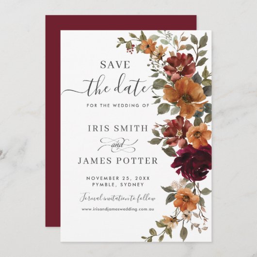 Rustieke Chic Bourgondië Verbrand Sinaasappel Bloe Save The Date (Voorkant / Achterkant)