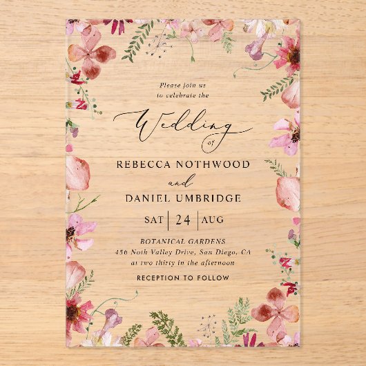 Rustieke Chic Dusty Floral Wedding Acryl Uitnodigingen (Voorkant)