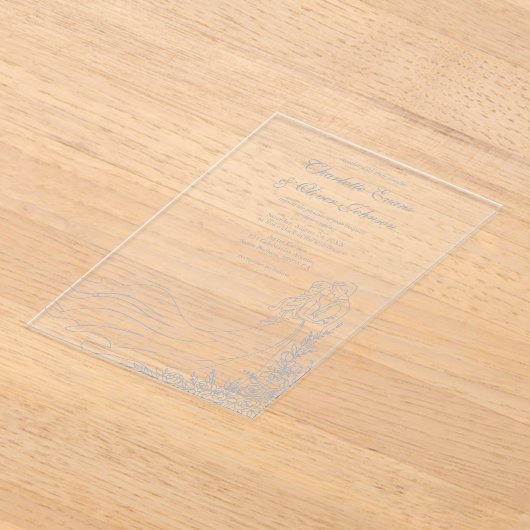 Rustieke Chic Hand getrokken paar Dusty Blue Weddi Acryl Uitnodigingen (Laagn)