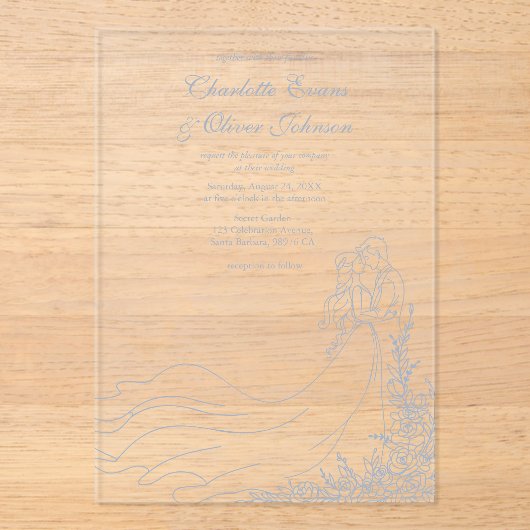 Rustieke Chic Hand getrokken paar Dusty Blue Weddi Acryl Uitnodigingen (Voorkant)