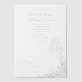 Rustieke Chic Hand getrokken paar Dusty Blue Weddi Vellum Uitnodigingen