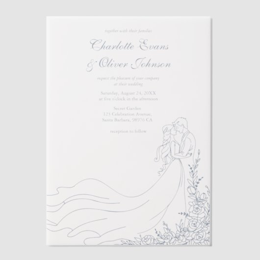 Rustieke Chic Hand getrokken paar Dusty Blue Weddi Vellum Uitnodigingen (Voorkant)
