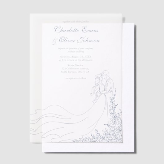 Rustieke Chic Hand getrokken paar Dusty Blue Weddi Vellum Uitnodigingen (Offset)