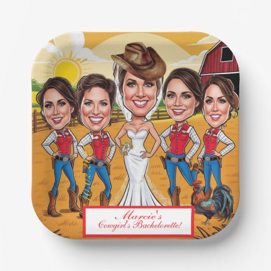 Rustieke Chic Karikatuur Bruidsviering Papieren Bordje (Voorkant)