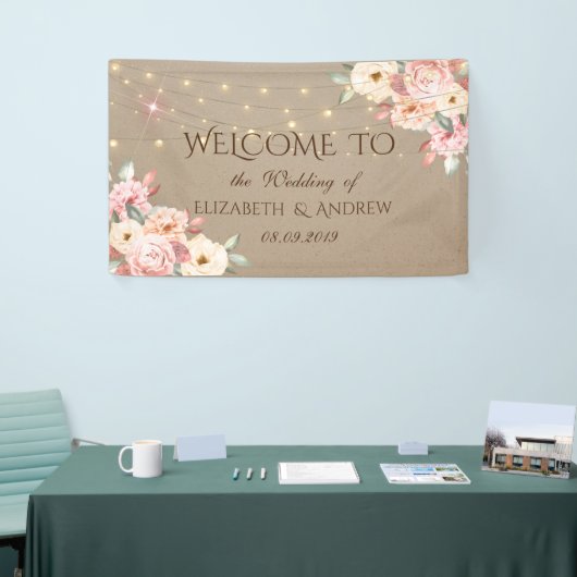 Rustieke Chic Lichtslingers Bloemen Huwelijksbanne Spandoek (Beurs)