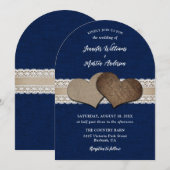Rustieke Chic Navy Blue Burlap Hearts Lace Wedding Kaart (Voorkant / Achterkant)