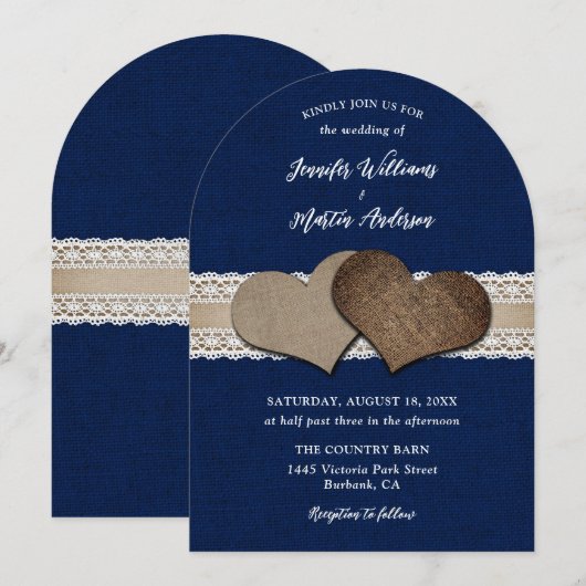 Rustieke Chic Navy Blue Burlap Hearts Lace Wedding Kaart (Voorkant / Achterkant)