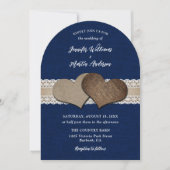 Rustieke Chic Navy Blue Burlap Hearts Lace Wedding Kaart (Voorkant)