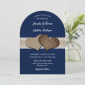 Rustieke Chic Navy Blue Burlap Hearts Lace Wedding Kaart (Staand voorkant)