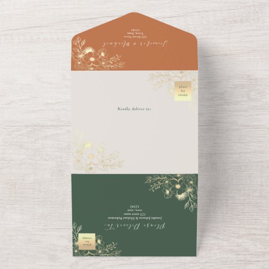 Rustieke Chic Olijfgroen en Terracotta bruiloft All In One Uitnodiging (Buitenkant)