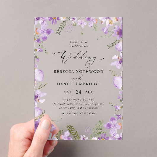 Rustieke Chic Purple Flowers Wedding Acryl Uitnodigingen (Insitu (Draagbaar))