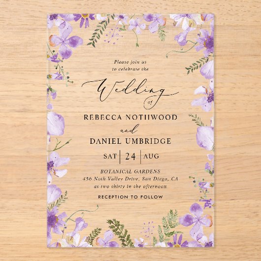 Rustieke Chic Purple Flowers Wedding Acryl Uitnodigingen (Voorkant)
