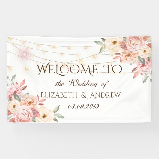 Rustieke Chic Slingerlampen Rozen Trouwbanner Spandoek (Horizontaal)