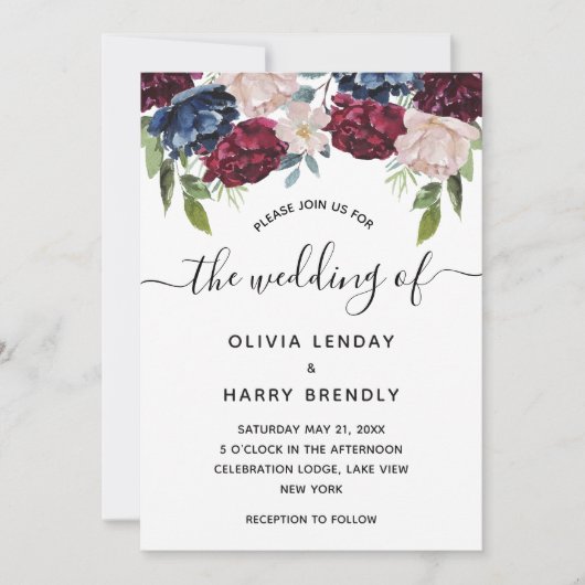 Rustieke Chic Waterverf Bloemachtige Bruiloft Kaart (Voorkant)