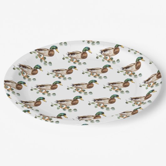Rustieke Chic Waterverf Mallard Duck Papieren Bordje (Gekanteld)