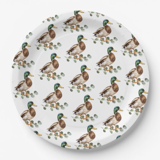 Rustieke Chic Waterverf Mallard Duck Papieren Bordje (Voorkant)