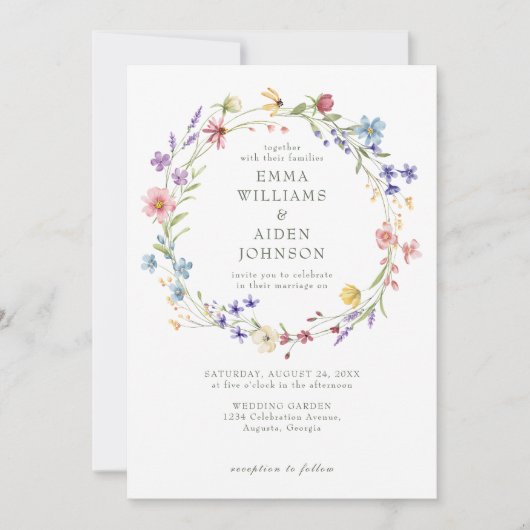 Rustieke Chic Wildflower Krans Tuin bruiloft Kaart (Voorkant)