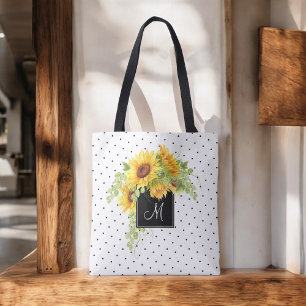 Rustieke Chic Zonnebloemen en Stippen met Monogram Tote Bag