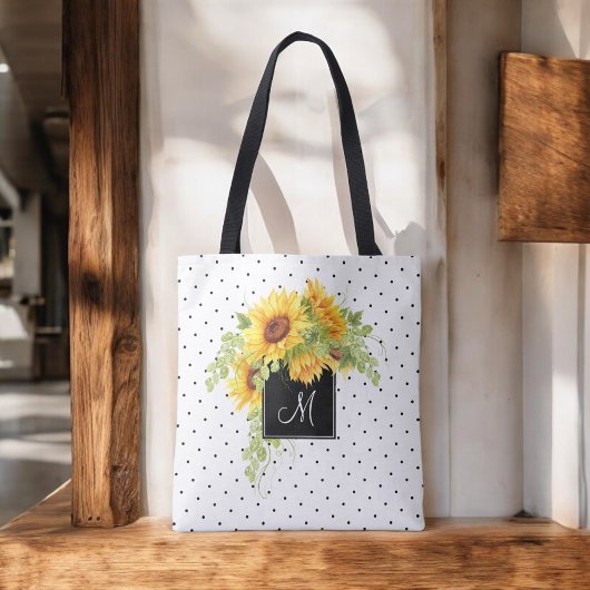 Rustieke Chic Zonnebloemen en Stippen met Monogram Tote Bag