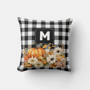 Rustieke Chic Zwarte Witte Plaid Herfst Tuin Monog Kussen
