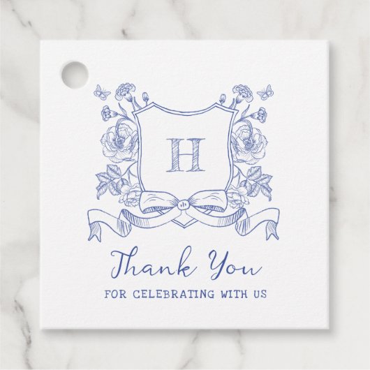 Rustieke Chinoiserie Bow Floral Crest Baby shower Bedankjes Labels (Voorkant)