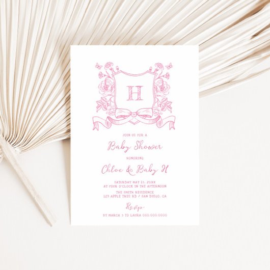 Rustieke Chinoiserie Bow Floral Crest Baby shower Kaart