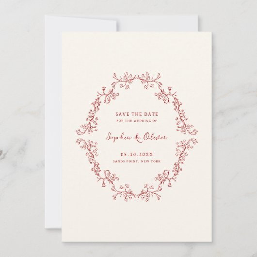 Rustieke  Chinoiserie Crimson Rode bruiloft Save The Date (Voorkant)