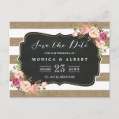 Rustieke Chique Burlap Stripes Floral Save the Dat Aankondigingskaart (Voorkant)