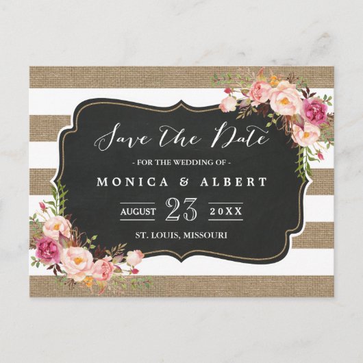 Rustieke Chique Burlap Stripes Floral Save the Dat Aankondigingskaart (Voorkant)