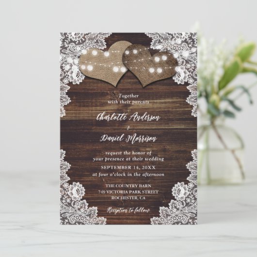 Rustieke Chique Houten Burlap Kant String Lights B Kaart (Staand voorkant)