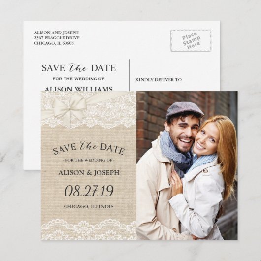 Rustieke Chique Ivory Burlap Lace Save the Date Fo Aankondigingskaart (Voorkant / Achterkant)